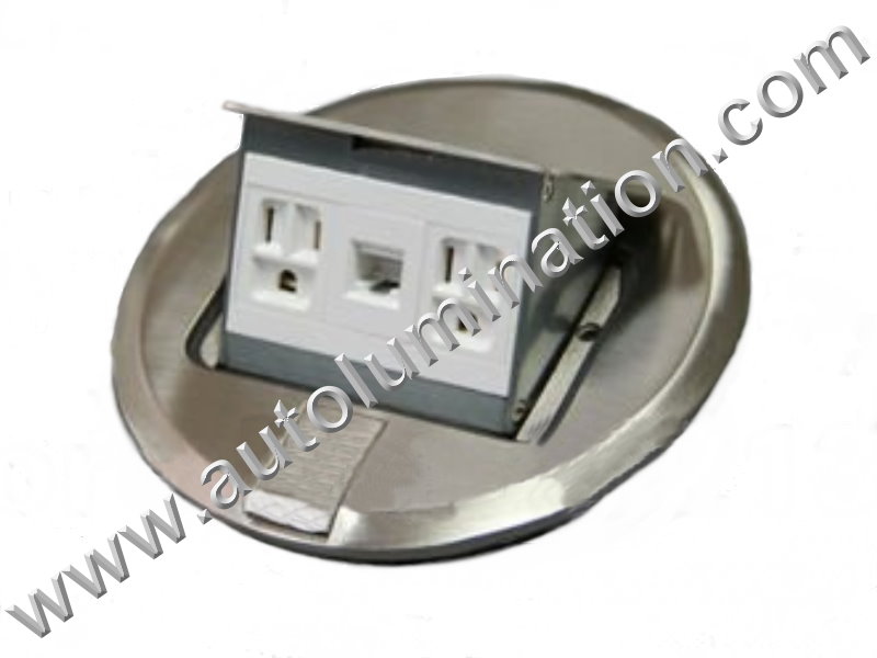 Pop Up Electrical Floor Box with Duplex Plugs and RJ45 Ethernet Receptacles Round Nickel Silver Stainless Steel