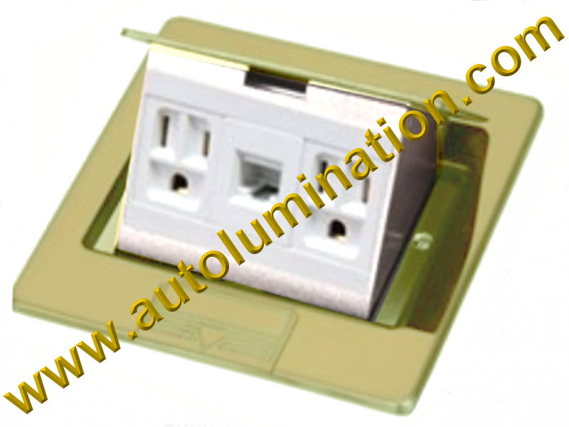 Pop Up Electrical Floor Box with Duplex Plugs and RJ45 Ethernet Receptacles Square Brass Gold