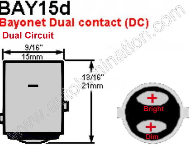  #1157 MINIATURE BULB BAY15D BASE,14 Volt 2.1/0.59 Amps S8 Double Contact (DC), Index Bayonet (BAY15d) Base,  5,000 Rated Hours, Overall Length