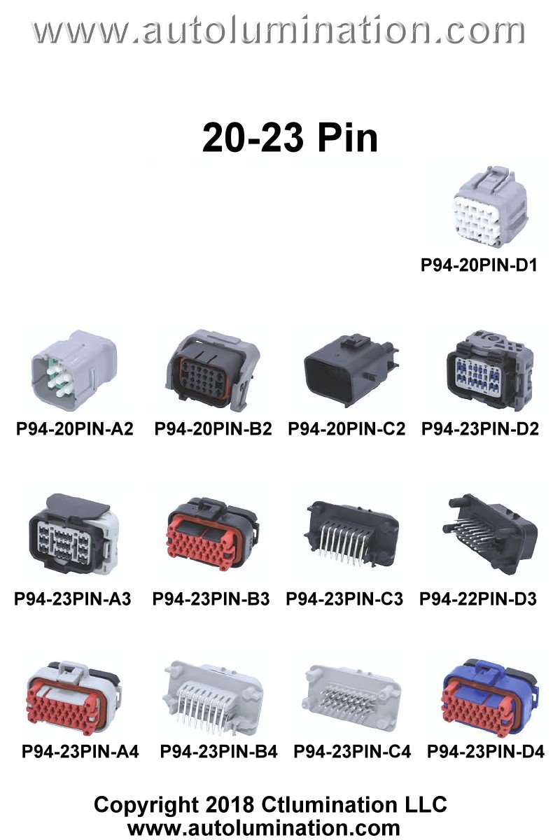 Automotive,  20, 23, 24, 26, 28, 32, 33, 34, 35, 36, 37, 38, 39, 42, 44, 48, 52, 58, 60, 62. 64, 73, 81. 82. 90. 94, 104, 112, Pin, Position, Cavity, Wire, Connector