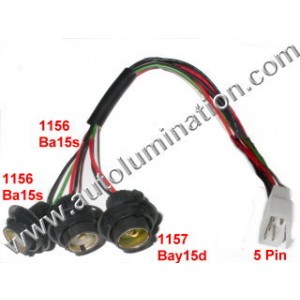 Toyota Tail Brake Turn 2x 1156 Ba15s Single Circuit + 1x 1157 Bay15d Dual Circuit Tail, Brake, Reverse, Turn Signal Light 5 Wire Harness Assembly 16 Gauge